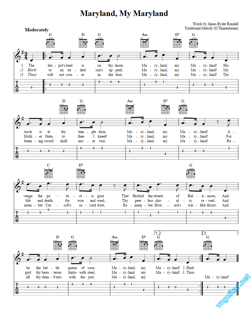 Sheet Notes & chords Maryland, My Maryland James Ryder Randall Sheet nhạc Nốt nhạc