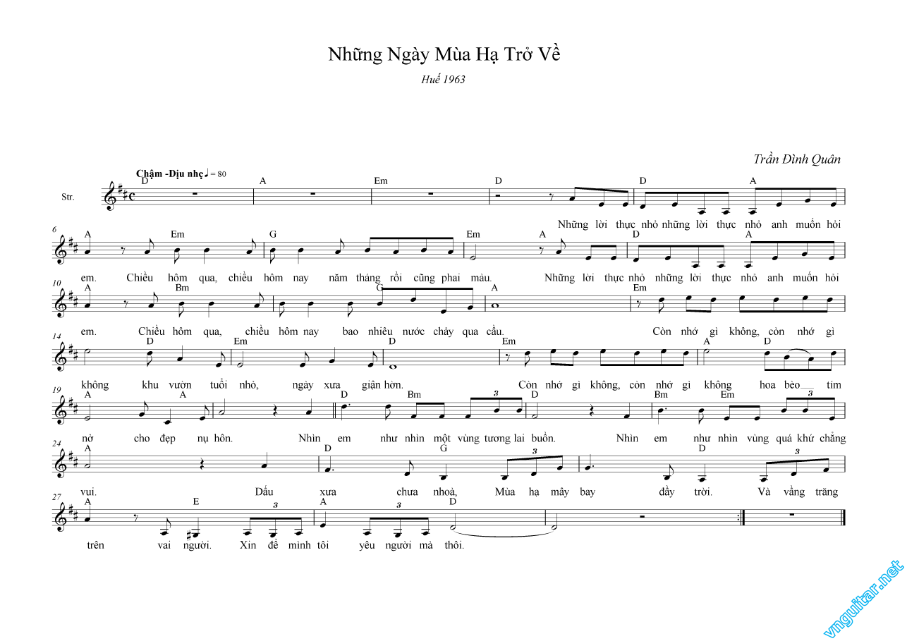 Hợp âm, nốt và lời Những ngày mùa hạ trở về Trần Đình Quân Sheet
