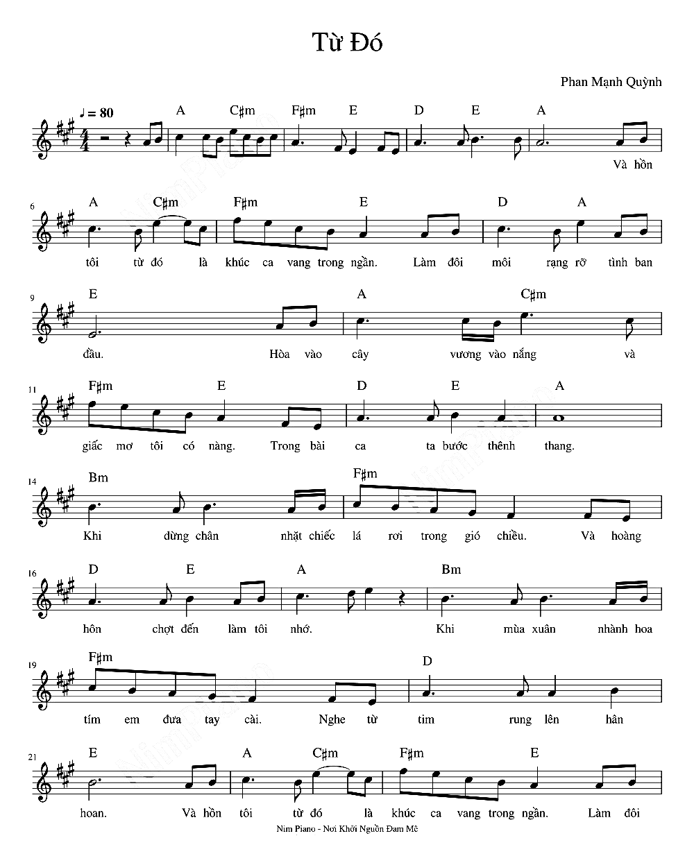 Hợp âm, nốt và lời Từ đó OST Mắt biếc Phan Mạnh Quỳnh Sheet